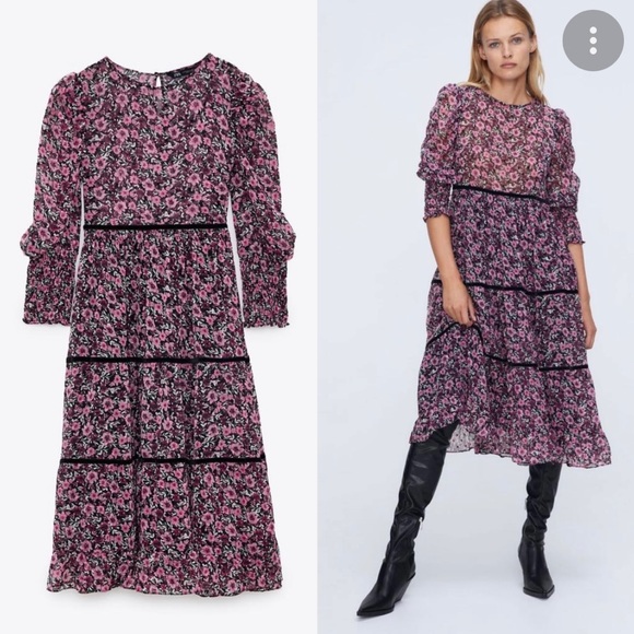 Zara Dresses & Skirts - Zara Floral Printed Tiered Midi Dress Velvet Trim Smocked Sleeve